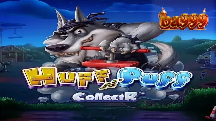 Tampilan visual permainan slot Huff N' Puff CollectR dengan tema babi dan serigala.